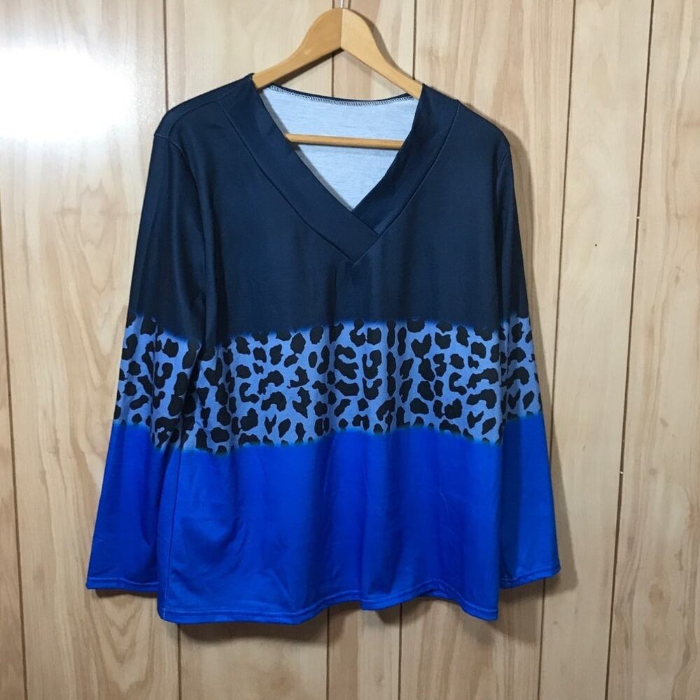 Blue Leopard Panel V Neck Long Sleeve Top XXL